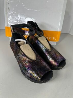 bernie mev. Iridescent Peep-Toe Ankle-Strap Mules in Purple/Green/Gold/Blue
